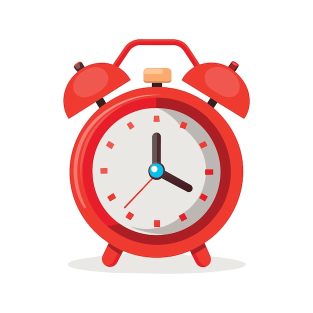 Flat lay of red alarm clock on texture white background with copy space using as time deadline or