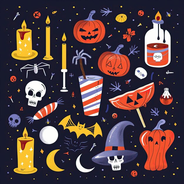 Vector flat lay vector illustration arrangement of halloween party elements happy halloween