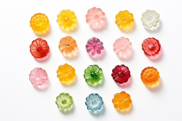 Flat lay view of colorful gummy bear candies designed in a row on white background Close up macro