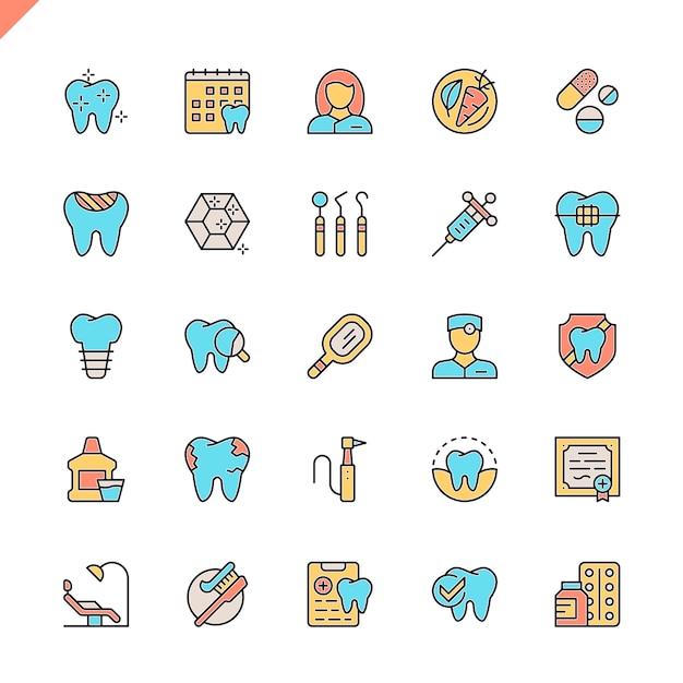 Flat line dental icons set