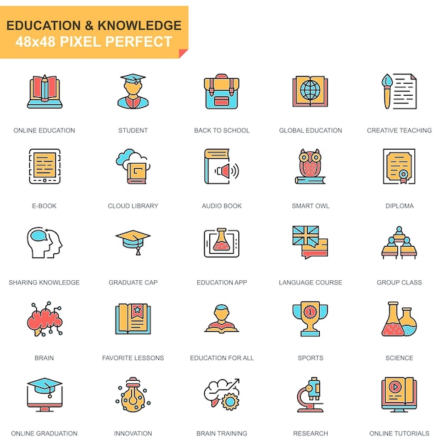 Flat line education icons set