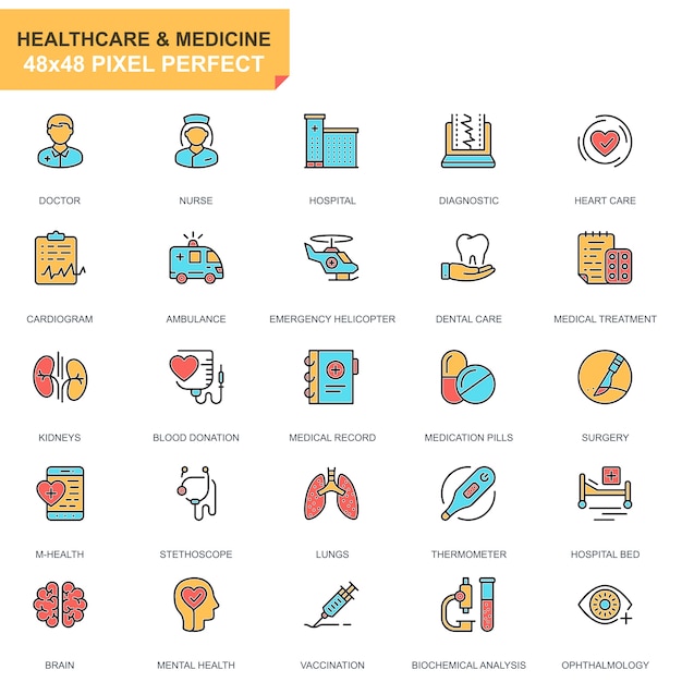 Flat line healthcare and medicine icons set