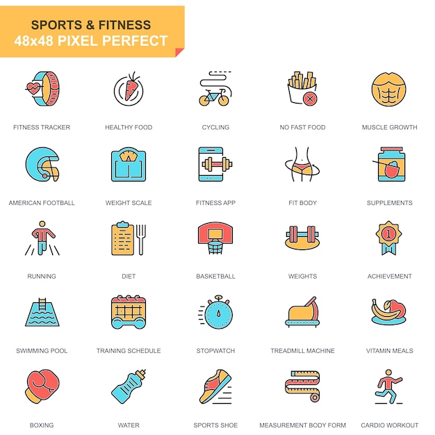 Flat line sports and fitness icons set