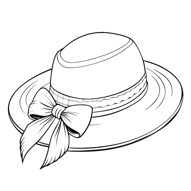 Flat linear illustration of a large straw hat with a bow coloring page pencil illustration