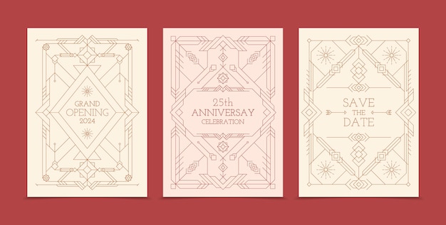 Flat linear vertical card template collection for events with ornaments and geometric shapes