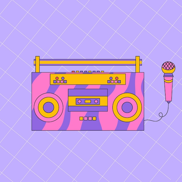 Flat llustration of a tape recorder and cassettes Vintage radio Tape recorder with micraphone