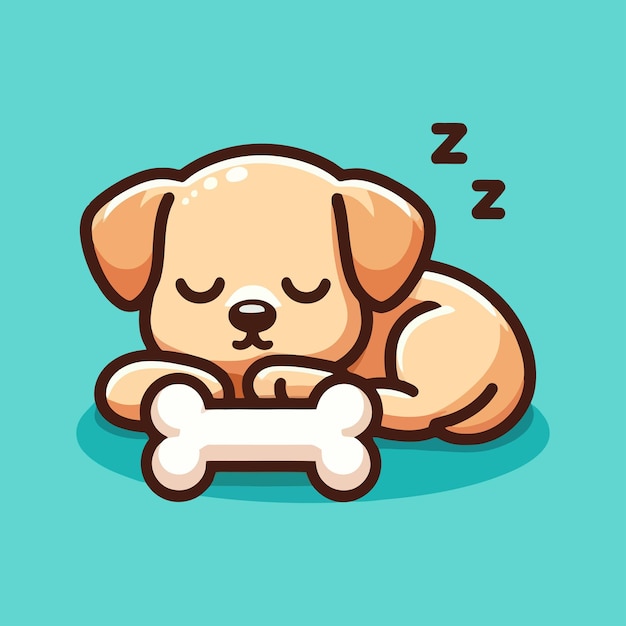 Vector flat logo of cute dog sleeping with bone cartoon vector icon illustration