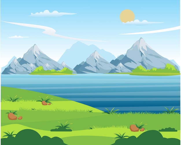 Flat lovely summer season landscape design with Mountains, river. hand drawn scenery view.