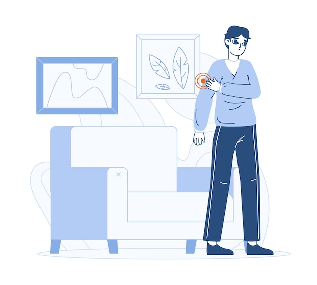 Flat man suffering from pain sick patient at home flat vector illustration outline sick character