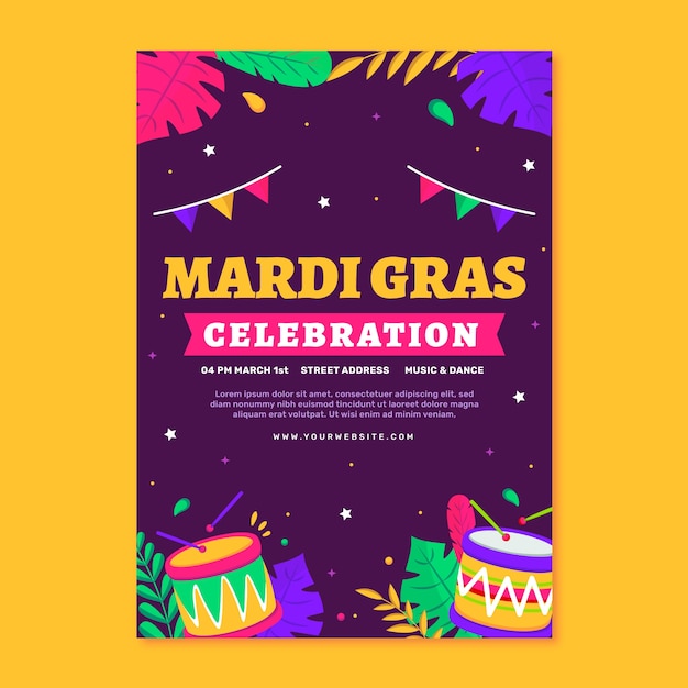 Flat mardi gras vertical flyer template