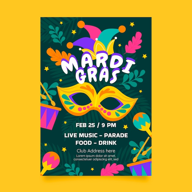 Flat mardi gras vertical flyer template