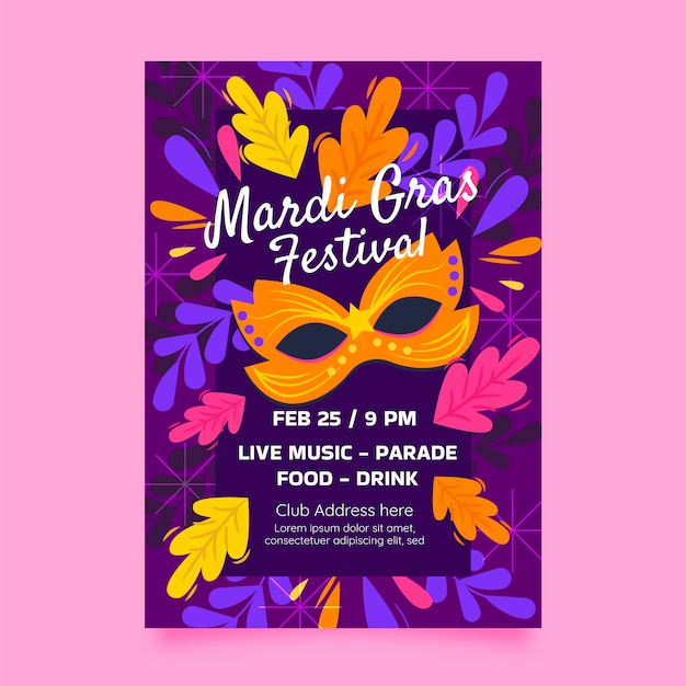 Flat mardi gras vertical flyer template