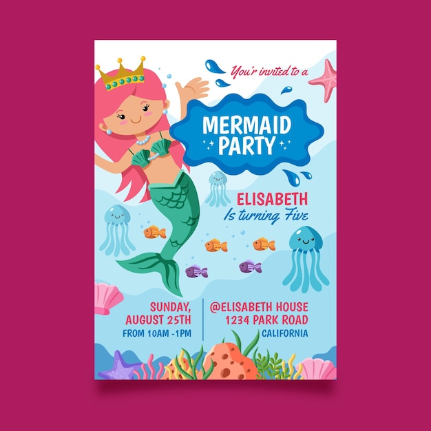 Flat mermaid birthday invitation template