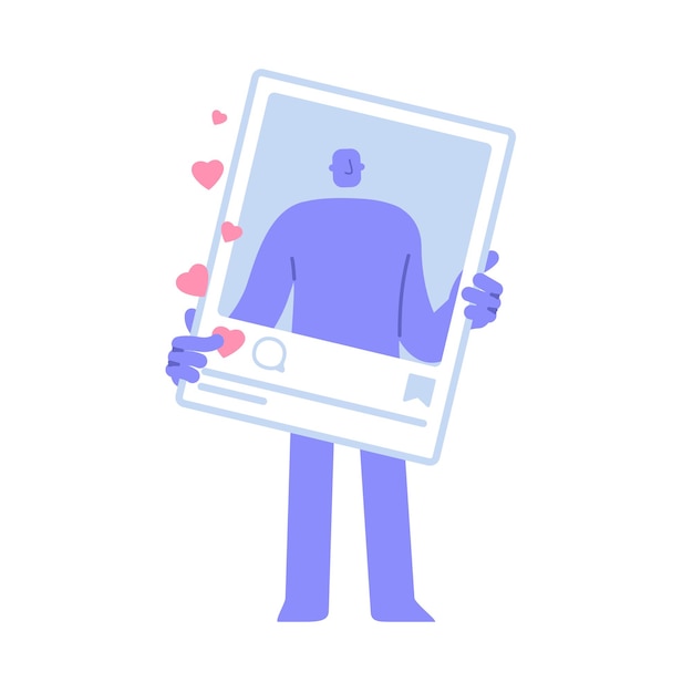 Vector flat modern character holds a social network photo frame publishing new content in social media