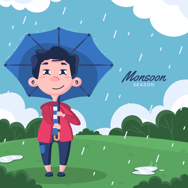 Flat monsoon season illustration with person in the rain with umbrella