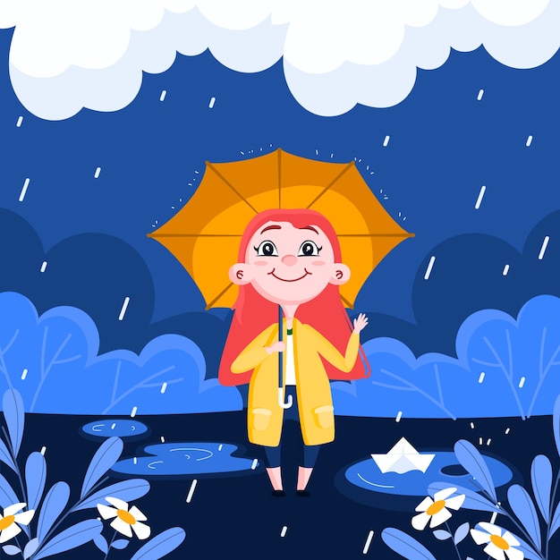 Flat monsoon season illustration with woman holding umbrella in the rain