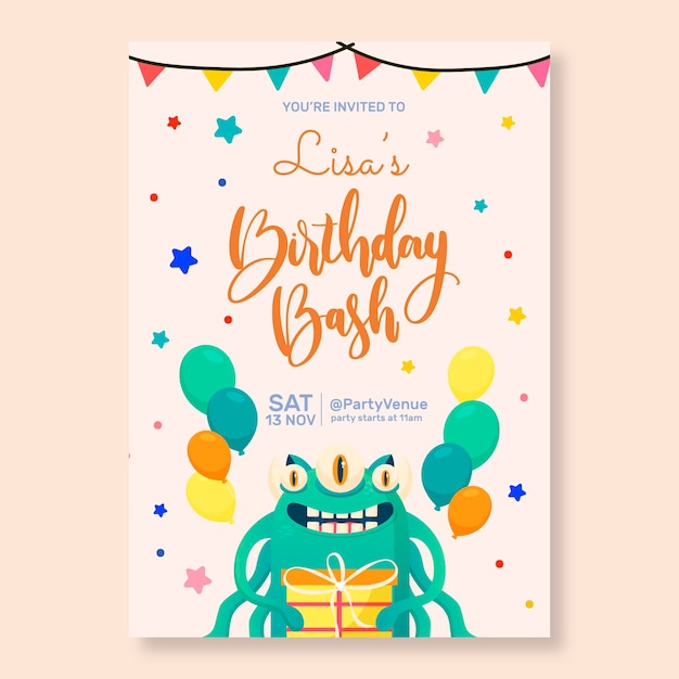 Flat monster birthday invitation template