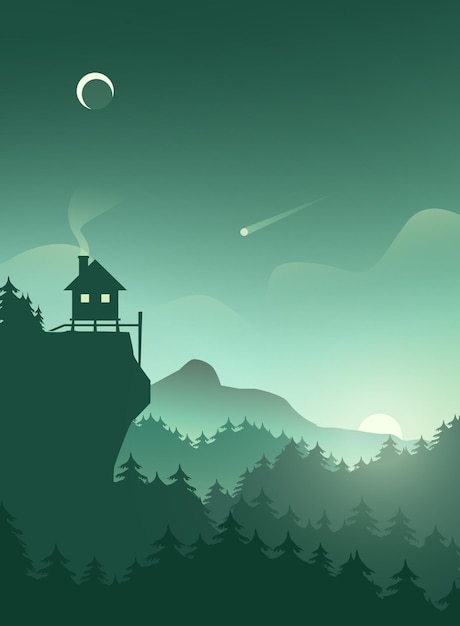 Flat morning nature scenery with forest mountain and house on a cliff