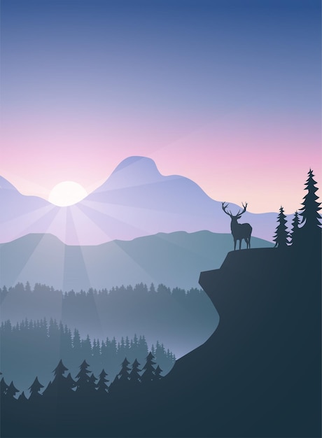 Flat Morning scenery with a deer on top of cliff with forest mountain background