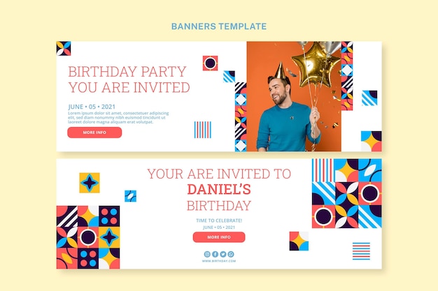 Flat mosaic birthday horizontal banners