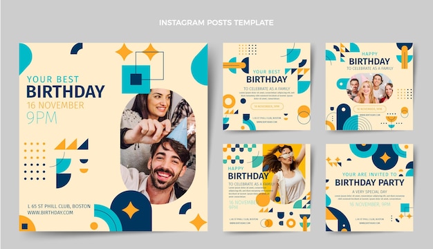 Vector flat mosaic birthday instagram posts