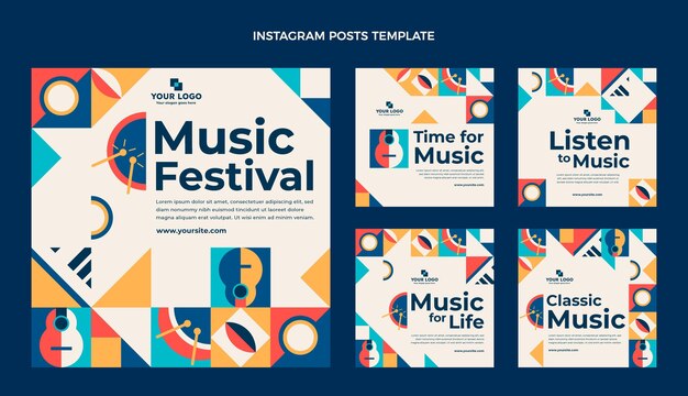 Vector flat mosaic music festival instagram posts