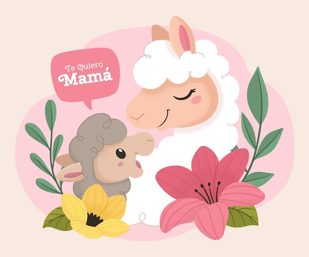 Flat mother's day illustration in spanish with sheep