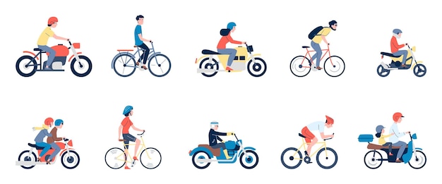 Flat motorcyclist characters Riding bike and motorcycle man ride motorbike in helmet Modern scooter different people drivers recent vector set of motorcyclist and bike illustration