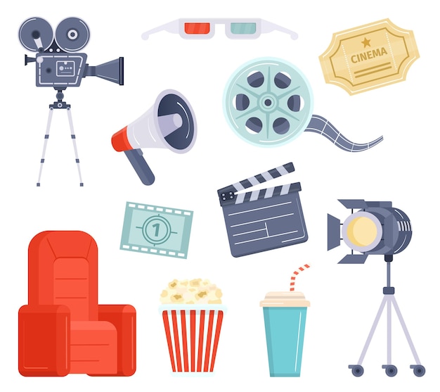 Flat movie watching and production element, cinema ticket, film and popcorn. Cartoon video camera, director megaphone and clapper vector set. Equipment and tools for cinematography industry