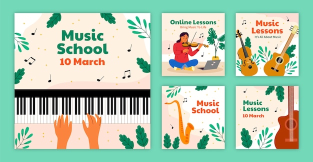 Flat music education and school instagram posts collection