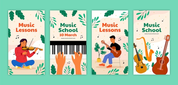 Flat music education and school instagram stories collection