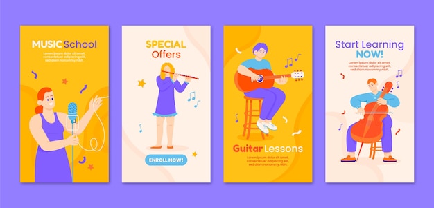 Flat music school classes and education instagram stories collection