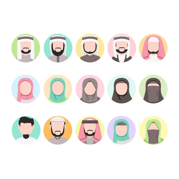 Flat Muslim people avatar collection set cartoon illustration vector Premium Vector