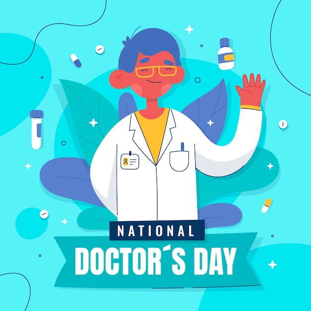 Flat national doctor's day illustration with medic waving