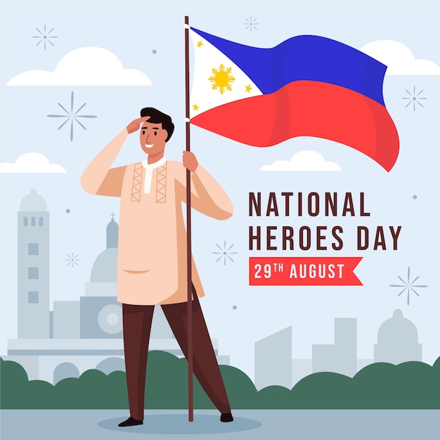 Flat national heroes day illustration with person holding flag