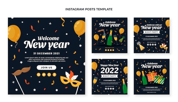 Flat new year instagram posts collection