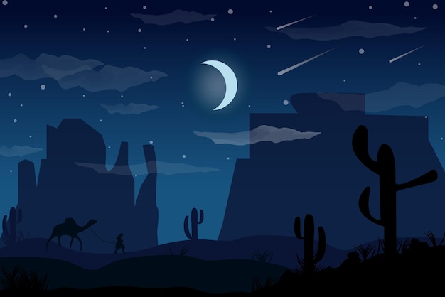 Vector the flat night sky above the desert landscape with caravan of camels