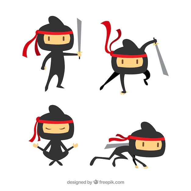 Flat ninja character in different poses