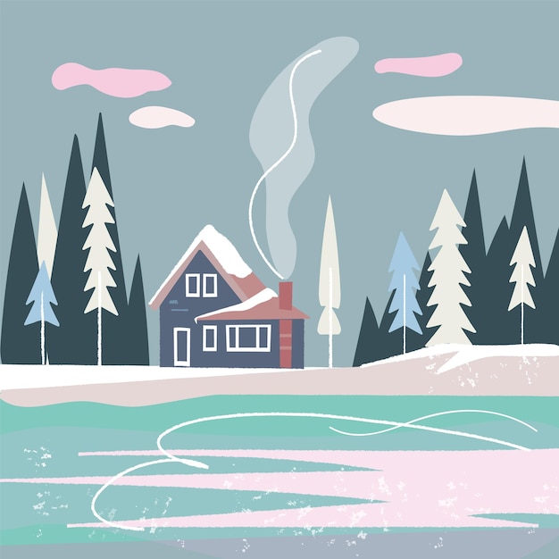 Vector flat nordic landscape with house forest and lake scandinavian winter concept vector illustration