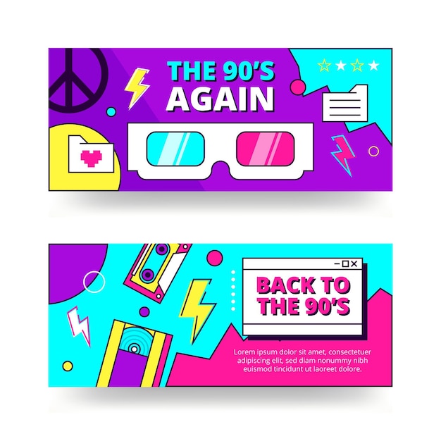 Flat nostalgic 90's banners set