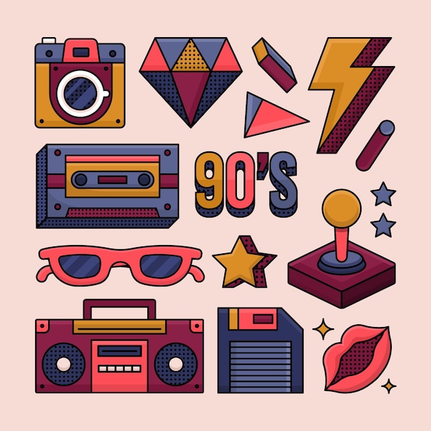 Vector flat nostalgic 90's elements collection