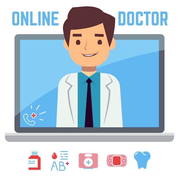 Flat online doctor, internet computer health service, medical consultation  concept