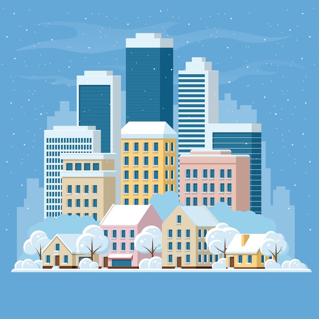 Vector flat panorama skyline with urban skyscrapers and road with cars. city under snow, winter city concept. vector illustration.