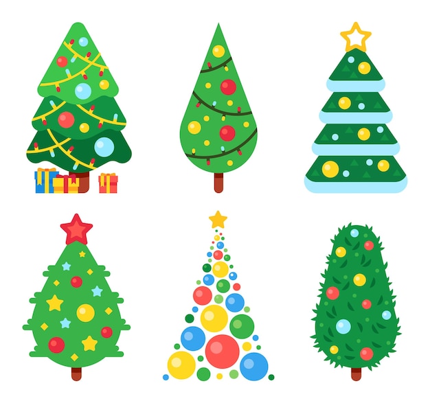 Flat paper christmas tree decorated with colorful balls garlands and star Winter holiday celebration symbol of different shapes