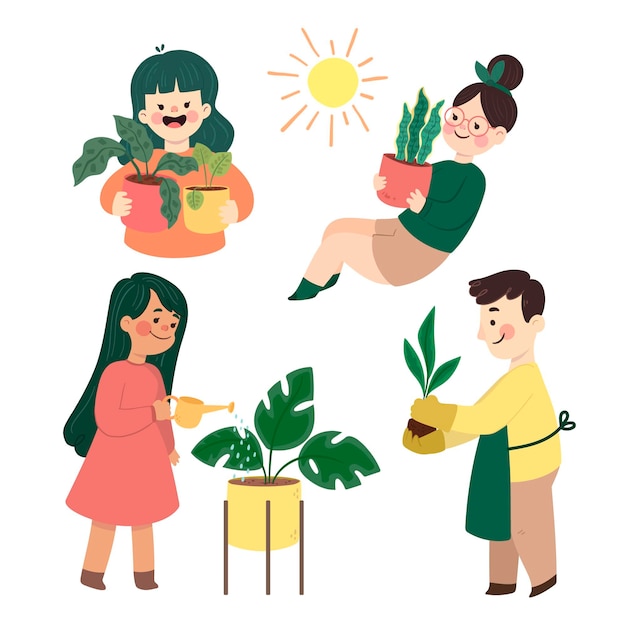 Flat people collection taking care of plants