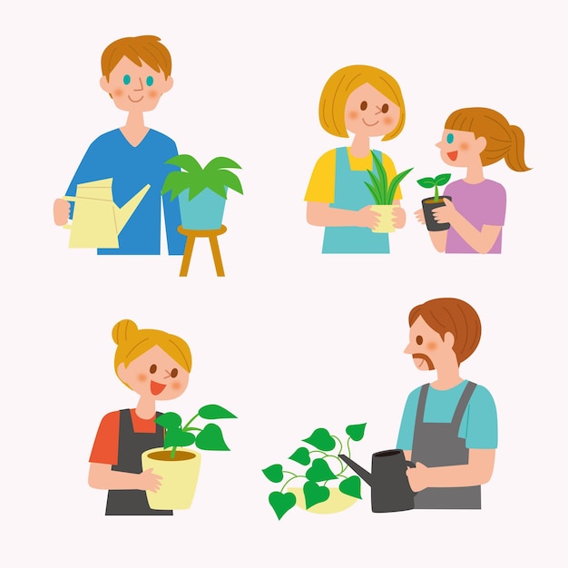 Flat people taking care of plants