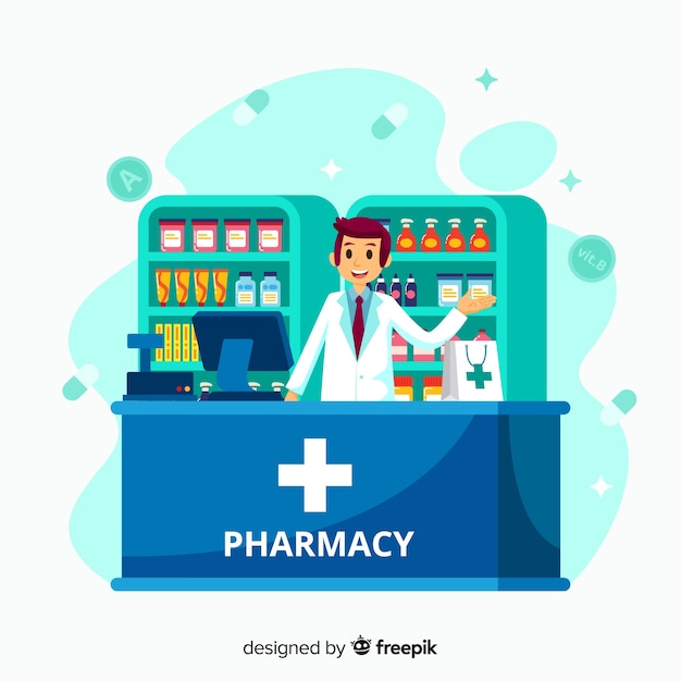 Flat pharmacist attending customers background