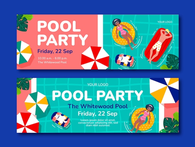 Flat pool party horizontal banners set