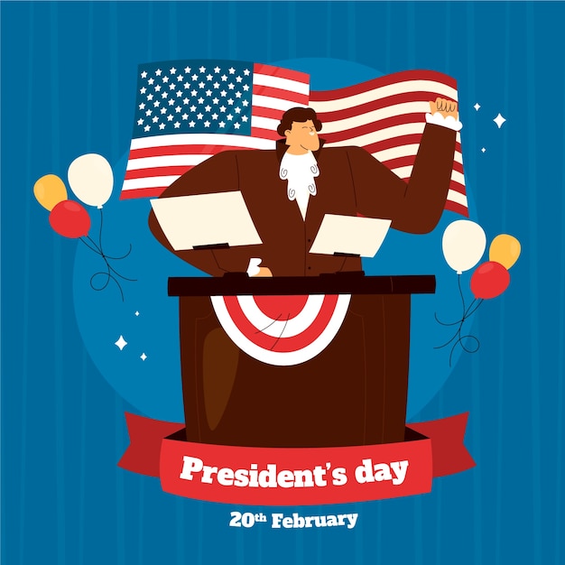 Flat presidents day illustration with balloons and flag