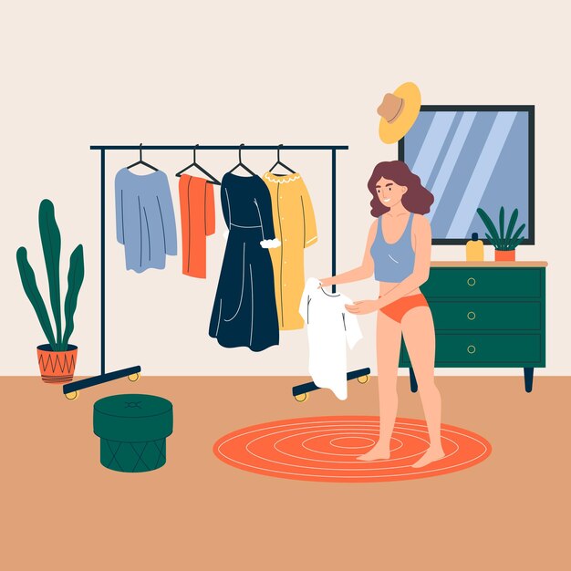 Flat pretty woman chooses outfit from clothes rack Cute cartoon female character in dressing room Stylish interior illustration